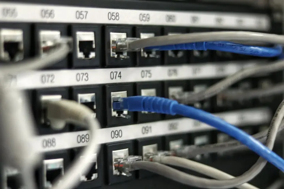 Patch panel with blue network cables