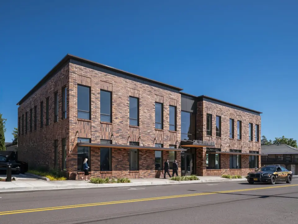 Brick commercial building on a main street in Carlton, Oregon